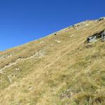 oft weglos wandern wir nun auf dem Südhang des Pizzo Bombögn leicht aufwärts, Richtung Valle di Bosco/Gurin