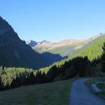 Blick ins Tal und gleichzeitig zur italienischen Grenze. Die hohen Berge am Horizont liegen schon in Italien