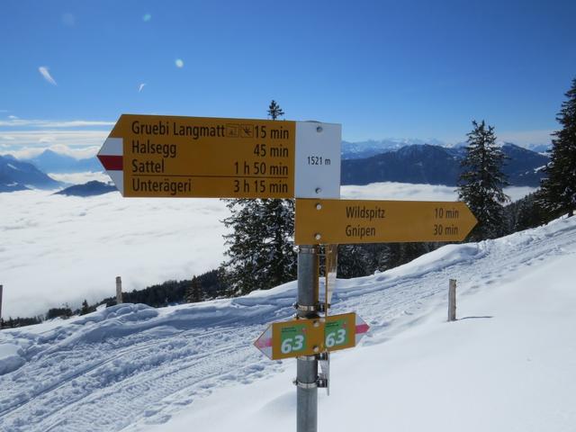 Wegweiser bei der Weggabelung Punkt 1520 m.ü.M.