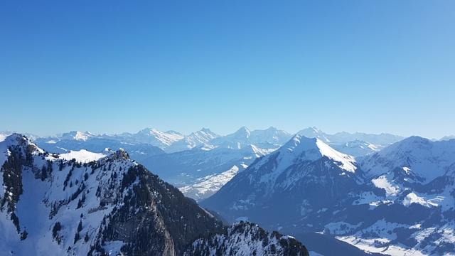 sehr schönes Breitbildfoto mit Blick zum Niesen, Eiger, Mönch und Jungfrau, Schreckhorn usw.