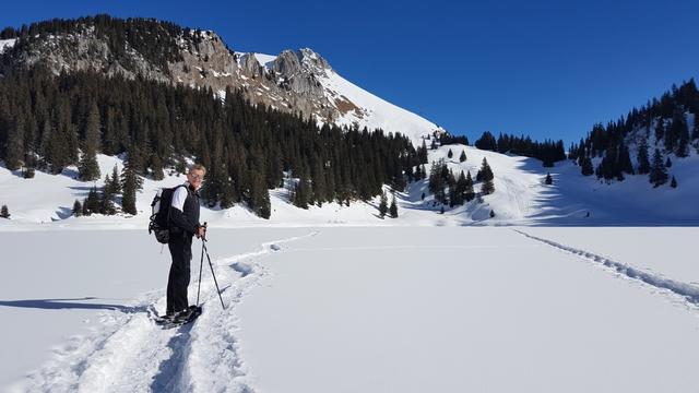 wir geniessen es mit den Schneeschuhen den Oberstockensee zu durchqueren