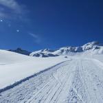 wir erreichen den gepfadeten Winterwanderweg der von der Alp Fursch hier hinauf zieht