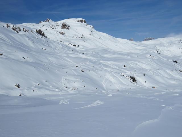 Blick von Schafläger über die Alp Fursch. Gut ersichtlich die Spuren die wir heute morgen gelegt haben