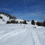 wir erreichen die Skipiste, wo wir heute Morgen nicht Richtung Alp Fursch abgebogen sind