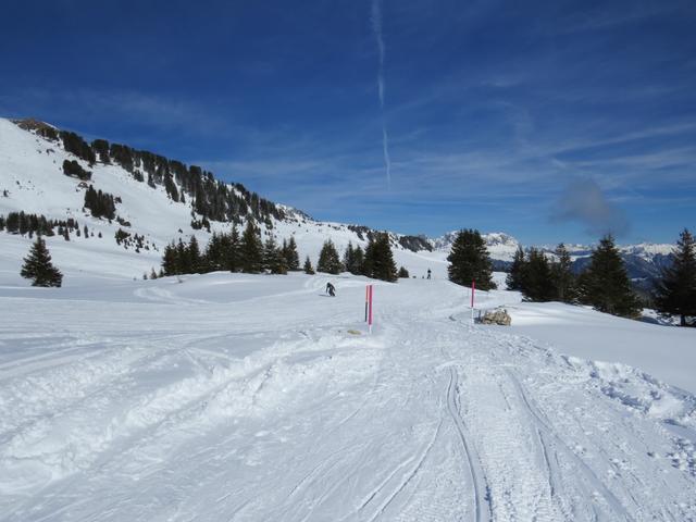 wir erreichen die Skipiste, wo wir heute Morgen nicht Richtung Alp Fursch abgebogen sind