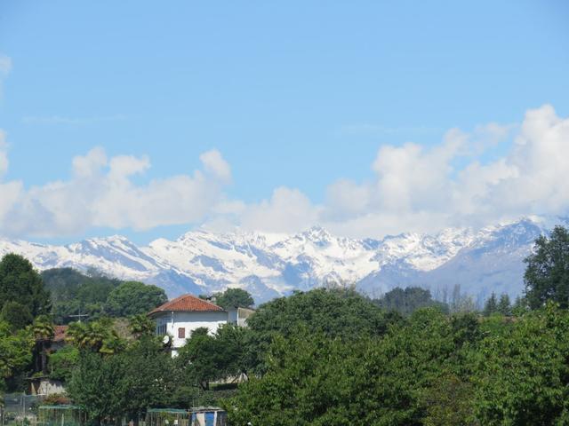 Blick zurück in die verschneiten Alpen. Auf der anderen Seite liegt das Wallis