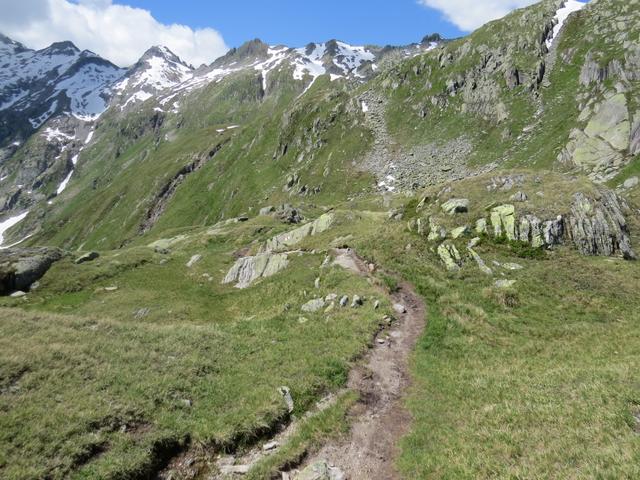 über steile Alpweiden windet sich nun der Bergweg hinunter