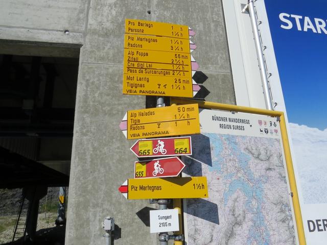 Wegweiser bei der Bergstation auf Somtgant 2105 m.ü.M. Unser erstes Ziel ist Ziteil