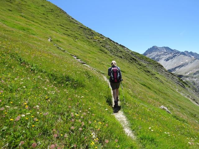der Höhenweg Punkt 2576 m.ü.M. führt uns nun über die steilen Bergflanken des Tête de Ferret herum
