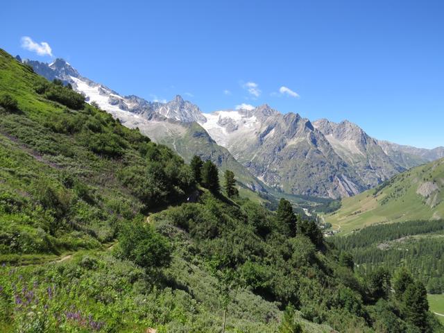 die Aussicht wir wieder atemberaubend schön. Mont Dolent, Aiguille Rouges du Dolent und Tour Noir