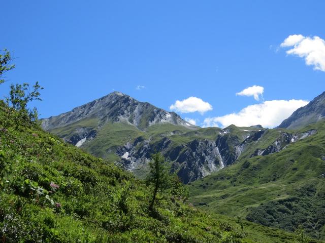 Blick hinauf zur Tête de Ferret. Rechts davon der Petit col Ferret