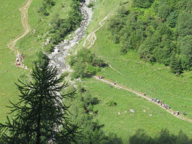 im Talgrund gut ersichtlich die Karawanen die auf der Tour du Mont Blanc unterwegs sind