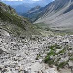 nach kurzer Zeit, zieht der Bergweg schräg über Blockschutt durch die steile Flanke