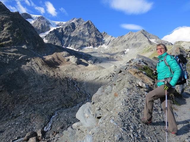 meine Maus ist vom Anblick des Mont Vélan und die Steinwüste die der Tseudetgletscher hinterlassen hat begeistert