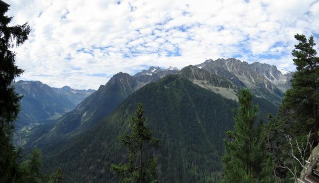 der Bergwald gibt immer wieder einige schöne Ausblicke frei. Hier mit Blick auf La Breya und die Combe d'Orny