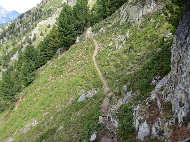 der Bergpfad verlangt nun bei 2-3 Stellen sogar etwas Handanlegen. Steil schiessen die Bergflanken in die Tiefe