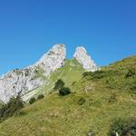 über offenes Weidegelände von Les Combes, mit Blick auf den Felsstock der Jumelles, geht es stetig aufwärts