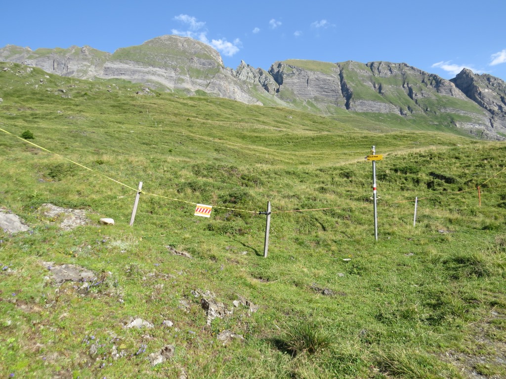 kurz nach der ersten Rechtskurve Punkt 2106 m.ü.M., biegt links der Wanderweg von der Alpstrasse weg