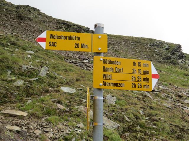 wir erreichen die Weggabelung unterhalb der Weisshornhütte