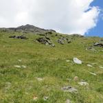 Blick hinauf Richtung Weisshornhütte. Auf dem Bild ist gut ersichtlich, wie steil der Berghang ist