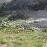 tief unter uns das Gletschervorfeld des Hohlichtgletscher