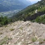 über feines, rutschiges Geröll und schräg talabwärts zeigende Felsplatten führt der Wanderweg, steil abwärts