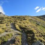 auf einem deutlichen Wanderweg wandern wir über einen Rasenhang aufwärts