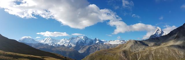 super schönes Breitbildfoto! Nordend, Dufourspitze, Monte Rosa, Liskamm, Castor, Pollux, Breithorn, Klein Matterhon, Matterhorn