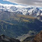 Strahlhorn, Weissgrat, Nordend, Dufourspitze, Monte Rosa, Liskamm, Castor, Pollux, Breithorn und Klein Matterhorn