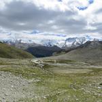 Blick zurück über die Schwemmeben hinweg zu den Zermatter Eisriesen