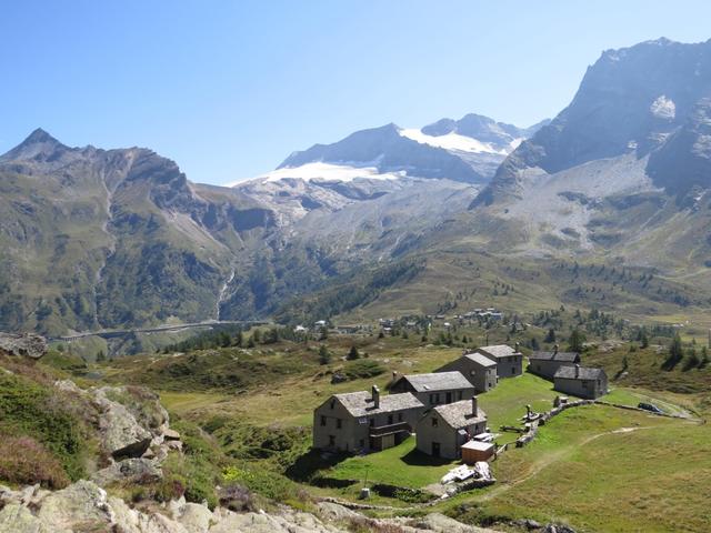 Blick über die Alpsiedlung Hopsche zum Monte Leone mit Chaltwassergletscher, Breithorn und Hübschhorn