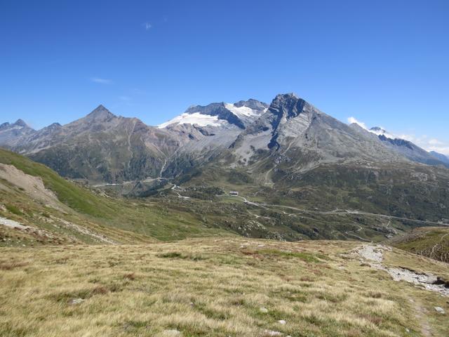 Blick über die Simplonpassstrasse zum Wasenhorn, Monte Leone mit Chaltwassergletscher und Hübschhorn