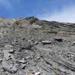 Blick nach oben. Fast senkrecht zeigt die Felswand in den Himmel