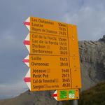 Wegweiser bei der Cabane Rambert 2582 m.ü.M. Das Mittagessen werden wir auf dem Col de Fenestral einnehmen