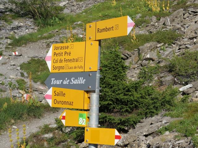 Weggabelung oberhalb von Punkt 1926 m.ü.M. Wir laufen geradeaus weiter Richtung Col de Fenestral