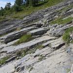 schräge talabwärts fallende Felsplatten, müssen überquert werden werden. Bei Nässe heikel