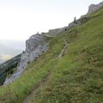 der schmale und zum Teil sehr ausgesetzte Bergweg führt durch stark geneigte Grasbänder...