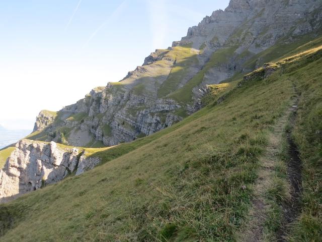 über einen sehr schmalen Bergweg, durchschreiten wir stark geneigte Grasbänder 2247 m.ü.M.