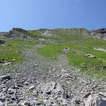 Blick hinauf zum Col des Perris Blancs. Immer wieder erstaunlich. Auf der anderen Seite nur Geröll und Schutt