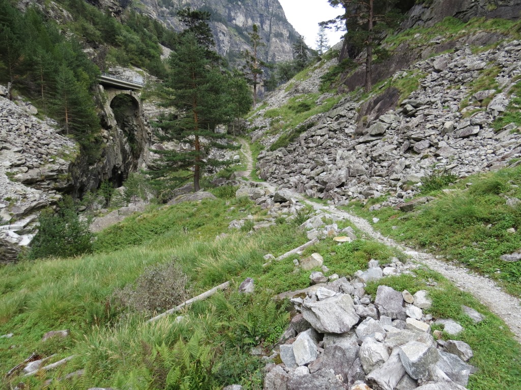 der Wanderweg leitet uns nun ans linke Ufer, und hinauf zur Passstrasse