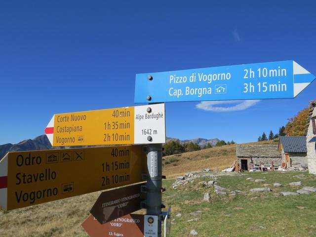 Wegweiser bei der Alpsiedlung Bardughè