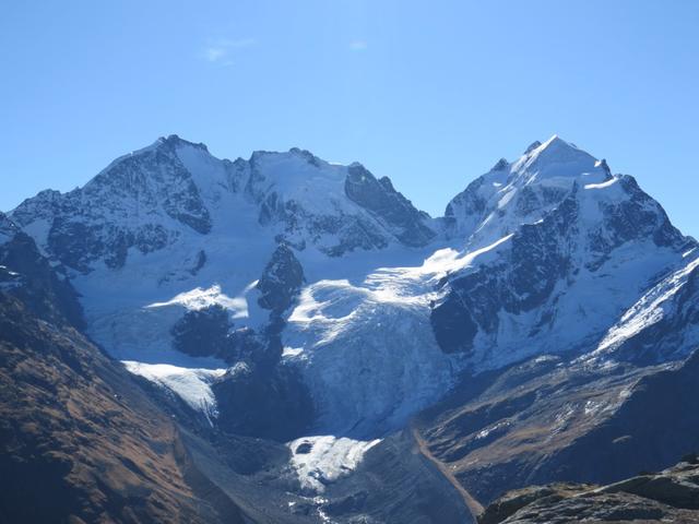 das majestätische Bühnenbild der Engadiner Berge: Biancograt mit Piz Bernina, Piz Scerscen und Piz Roseg