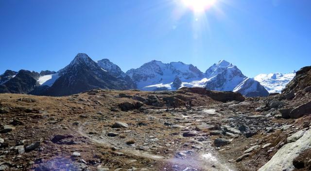 wir biegen rechts ab und wandern nun südwärts auf den Roseggletscher zu