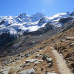 von hier aus ist die, am Rande der gewaltigen Eisbrüche des Roseggletscher...