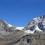 hinter der Chamanna Coaz am Horizont gut ersichtlich, Piz Tschierva und Piz Morteratsch