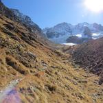 der Bergweg führt uns weiter in der Talmulde, zwischen den steilen Bergflanken des Piz Tschierva...