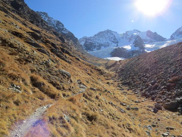 der Bergweg führt uns weiter in der Talmulde, zwischen den steilen Bergflanken des Piz Tschierva...