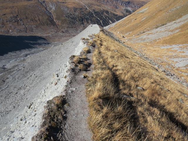 ...und nehmen den gleichen Weg wieder auf der Seitenmoräne unter die Füsse