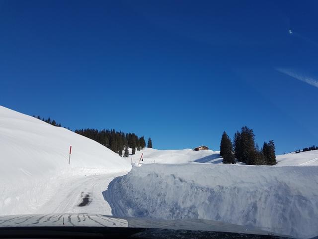 am Horizont taucht das Holzchalet von Lägerstutz auf