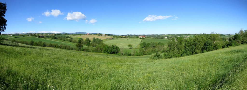 schönes Breitbildfoto mit Blick in die hügelige Landschaft im Hinterland von Fidenza